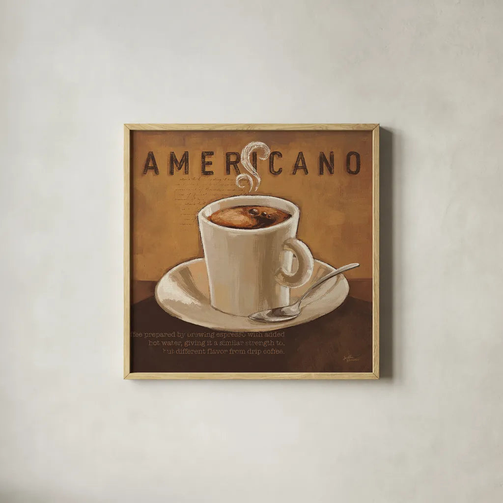 Coffee and Co II by Janelle Penner. Shown in a natural wood glass frame for a timeless modern aesthetic. Available as an archival giclee rolled canvas, fine art paper, or poster print. SKU 27708a.