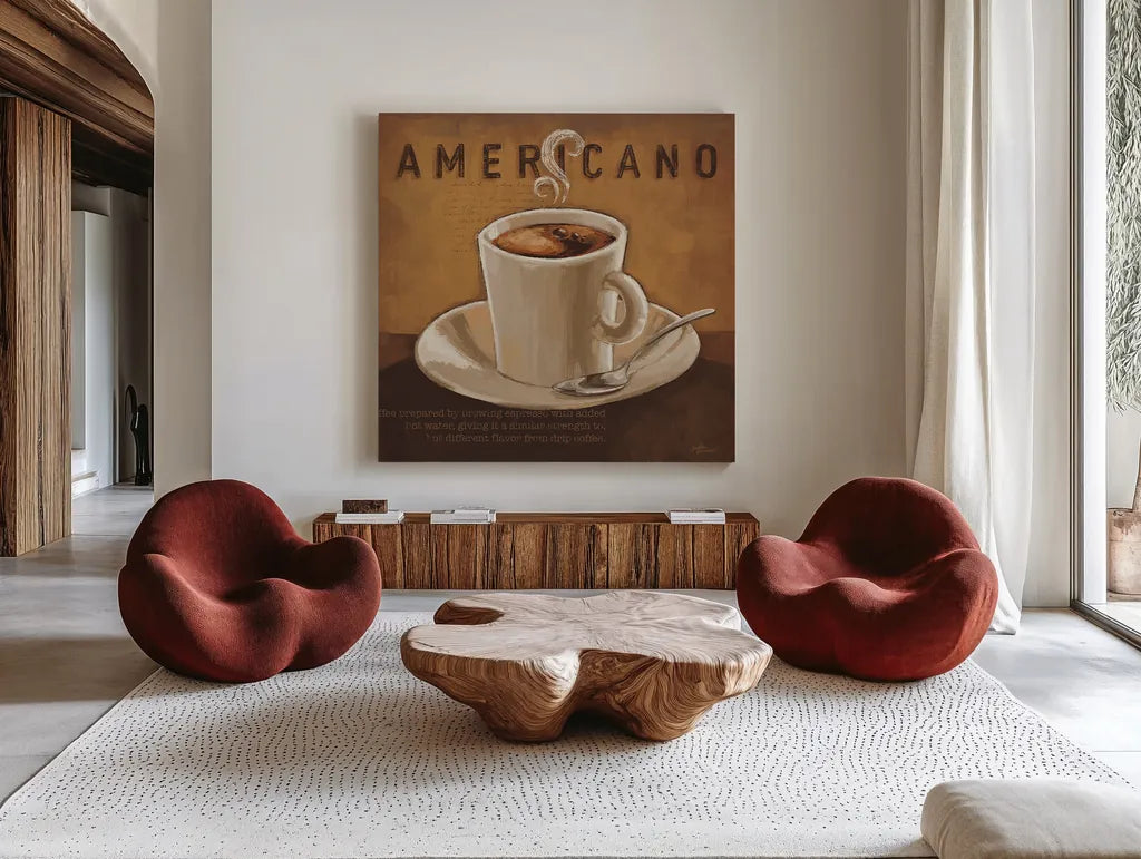 Coffee and Co II by Janelle Penner. Shown as extra-large giant wall art in a modern living room. Available as an archival giclee rolled canvas, fine art paper, or poster print. SKU 27708a.