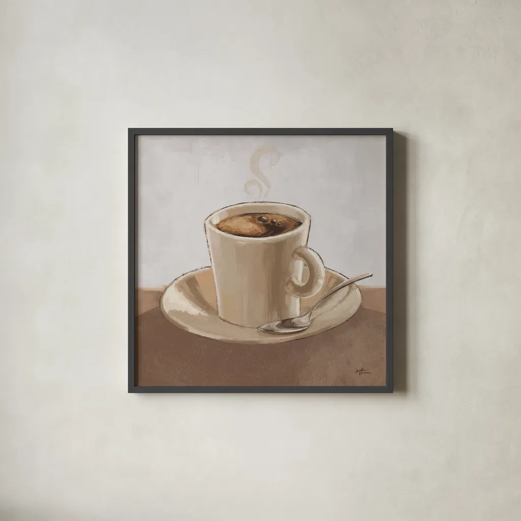 Coffee and Co II Neutral by Janelle Penner. Shown in a sleek black glass frame for a contemporary gallery look. Available as an archival giclee rolled canvas, fine art paper, or poster print. SKU 83403a.