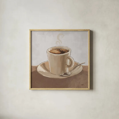 Coffee and Co II Neutral by Janelle Penner. Shown in a natural wood glass frame for a timeless modern aesthetic. Available as an archival giclee rolled canvas, fine art paper, or poster print. SKU 83403a.