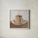 Coffee and Co II Neutral by Janelle Penner. Shown in a crisp white glass frame for a clean and minimalist style. Available as an archival giclee rolled canvas, fine art paper, or poster print. SKU 83403a.