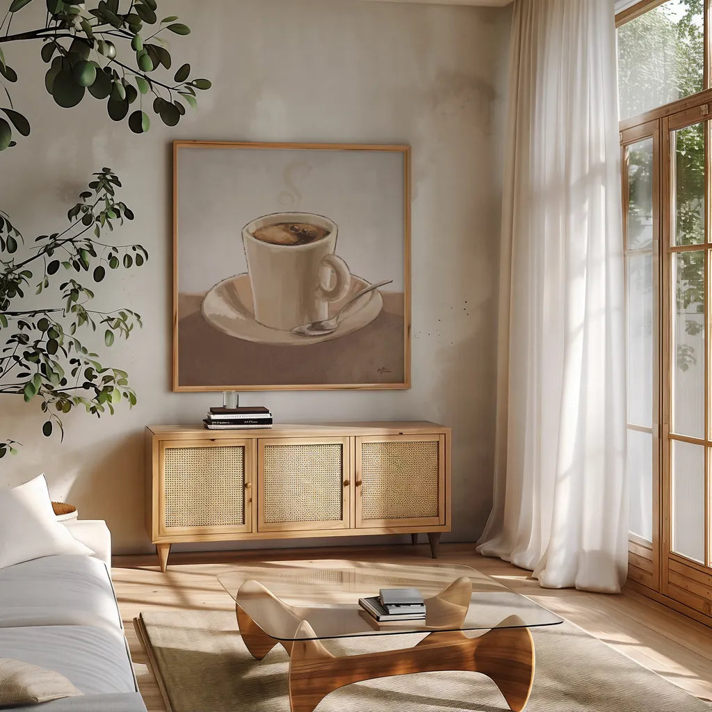 Coffee and Co II Neutral by Janelle Penner. Shown in a natural wood frame in a cozy modern living room. Available as an archival giclee rolled canvas, fine art paper, or poster print. SKU 83403a.