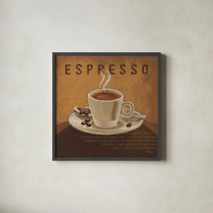 Coffee and Co III by Janelle Penner. Shown in a sleek black glass frame for a contemporary gallery look. Available as an archival giclee rolled canvas, fine art paper, or poster print. SKU 27709a.