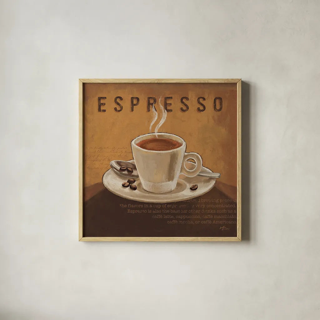 Coffee and Co III by Janelle Penner. Shown in a natural wood glass frame for a timeless modern aesthetic. Available as an archival giclee rolled canvas, fine art paper, or poster print. SKU 27709a.