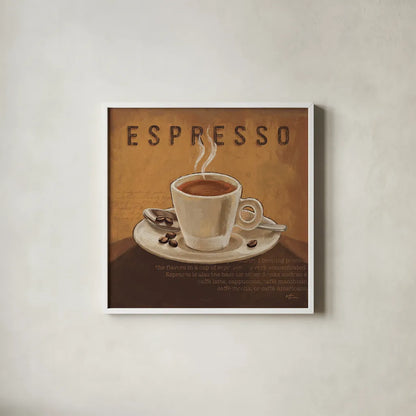 Coffee and Co III by Janelle Penner. Shown in a crisp white glass frame for a clean and minimalist style. Available as an archival giclee rolled canvas, fine art paper, or poster print. SKU 27709a.