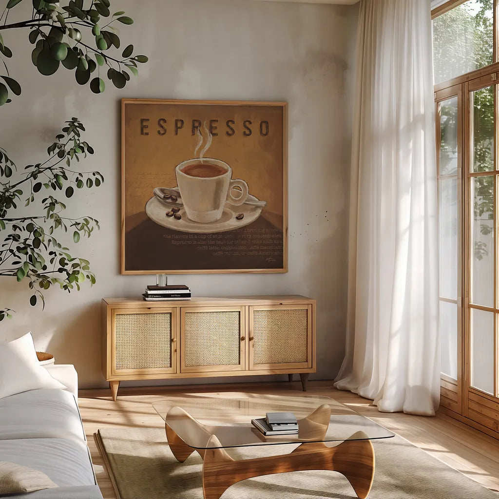 Coffee and Co III by Janelle Penner. Shown in a natural wood frame in a cozy modern living room. Available as an archival giclee rolled canvas, fine art paper, or poster print. SKU 27709a.
