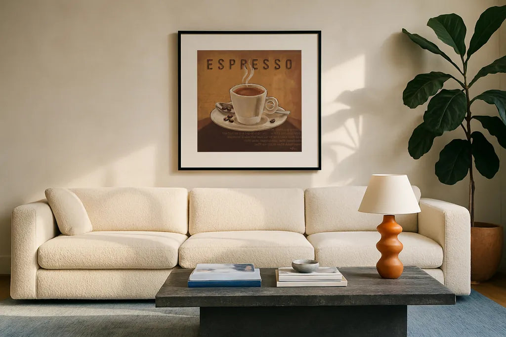 Coffee and Co III by Janelle Penner. Displayed in a glass frame with matte in a clean modern living room. Available as an archival giclee rolled canvas, fine art paper, or poster print. SKU 27709a.