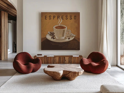Coffee and Co III by Janelle Penner. Shown as extra-large giant wall art in a modern living room. Available as an archival giclee rolled canvas, fine art paper, or poster print. SKU 27709a.