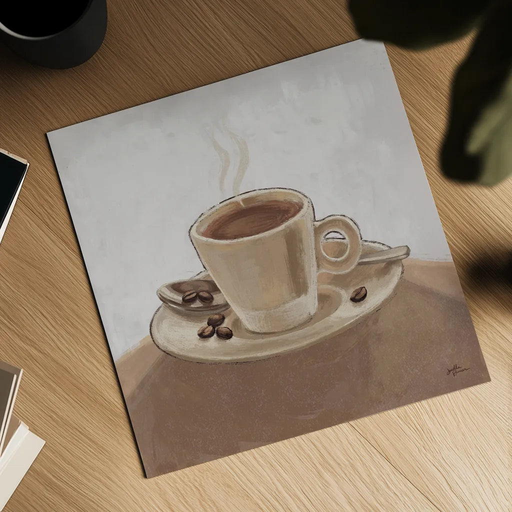 Coffee and Co III Neutral by Janelle Penner. Shown as a detailed flat fine art print, highlighting archival giclee quality. Available as an archival giclee rolled canvas, fine art paper, or poster print. SKU 83404a.