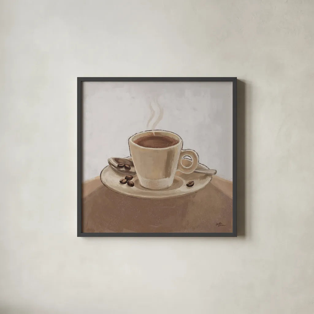 Coffee and Co III Neutral by Janelle Penner. Shown in a sleek black glass frame for a contemporary gallery look. Available as an archival giclee rolled canvas, fine art paper, or poster print. SKU 83404a.