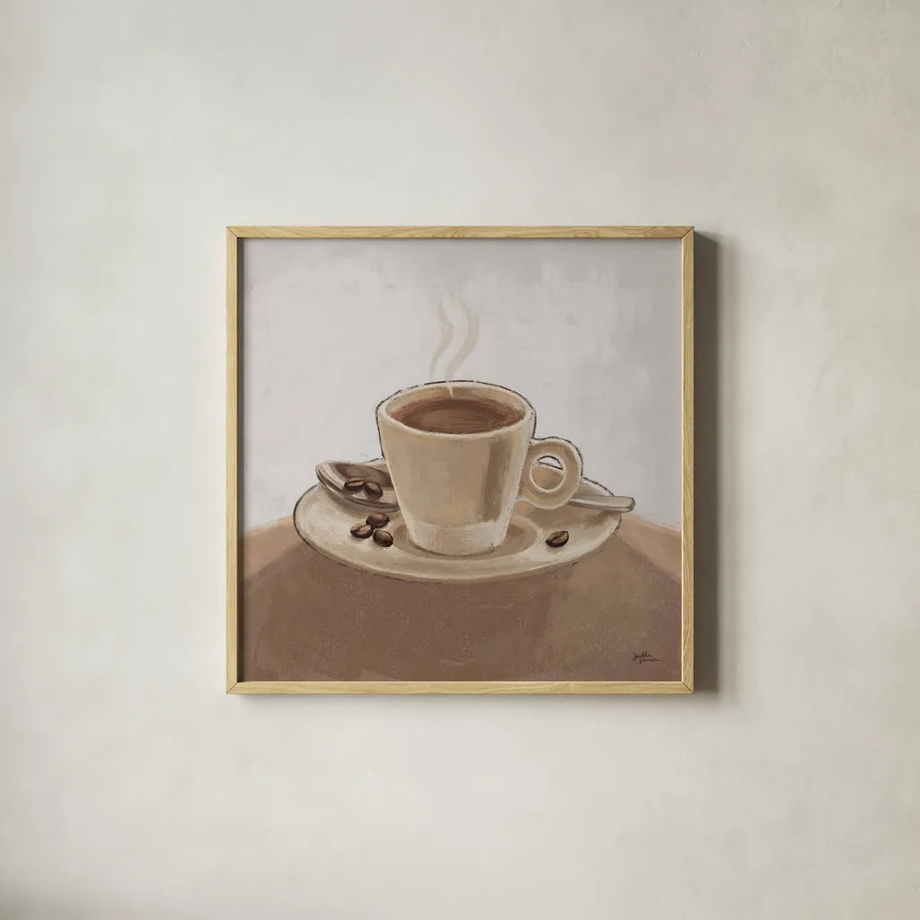 Coffee and Co III Neutral by Janelle Penner. Shown in a natural wood glass frame for a timeless modern aesthetic. Available as an archival giclee rolled canvas, fine art paper, or poster print. SKU 83404a.