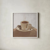 Coffee and Co III Neutral by Janelle Penner. Shown in a crisp white glass frame for a clean and minimalist style. Available as an archival giclee rolled canvas, fine art paper, or poster print. SKU 83404a.