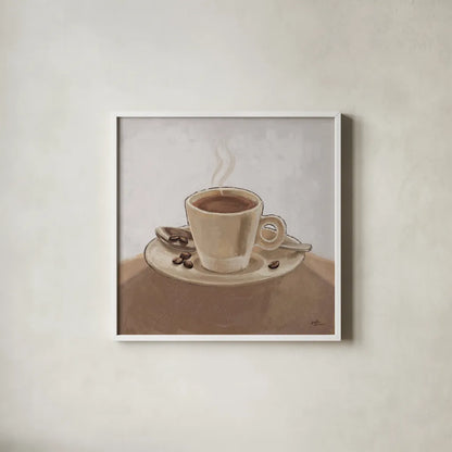 Coffee and Co III Neutral by Janelle Penner. Shown in a crisp white glass frame for a clean and minimalist style. Available as an archival giclee rolled canvas, fine art paper, or poster print. SKU 83404a.