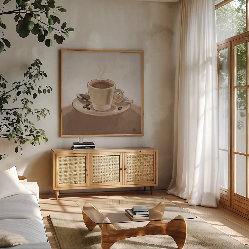 Coffee and Co III Neutral by Janelle Penner. Shown in a natural wood frame in a cozy modern living room. Available as an archival giclee rolled canvas, fine art paper, or poster print. SKU 83404a.