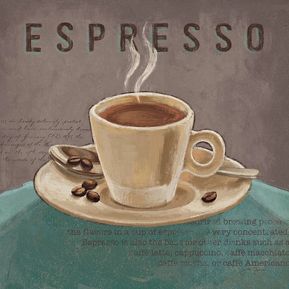 Coffee and Co III Teal and Gray by Janelle Penner. SKU 29220a. Archival Giclee Fine art print for wall decor.