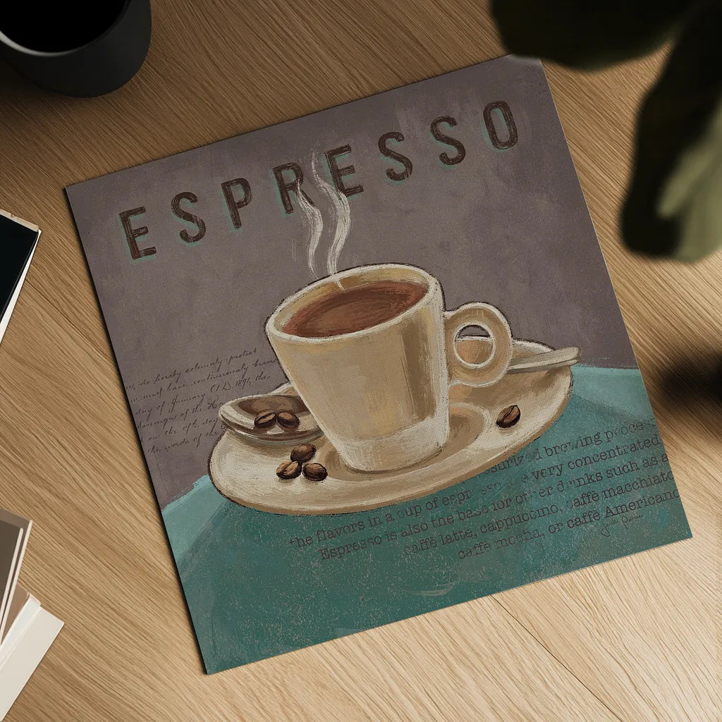 Coffee and Co III Teal and Gray by Janelle Penner. Shown as a detailed flat fine art print, highlighting archival giclee quality. Available as an archival giclee rolled canvas, fine art paper, or poster print. SKU 29220a.