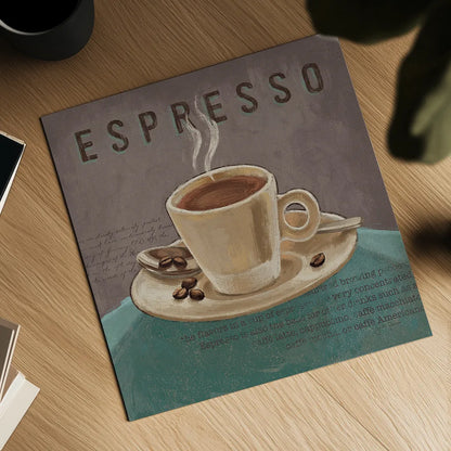 Coffee and Co III Teal and Gray by Janelle Penner. Shown as a detailed flat fine art print, highlighting archival giclee quality. Available as an archival giclee rolled canvas, fine art paper, or poster print. SKU 29220a.