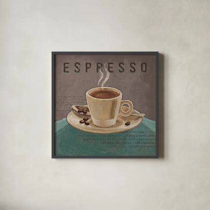 Coffee and Co III Teal and Gray by Janelle Penner. Shown in a sleek black glass frame for a contemporary gallery look. Available as an archival giclee rolled canvas, fine art paper, or poster print. SKU 29220a.