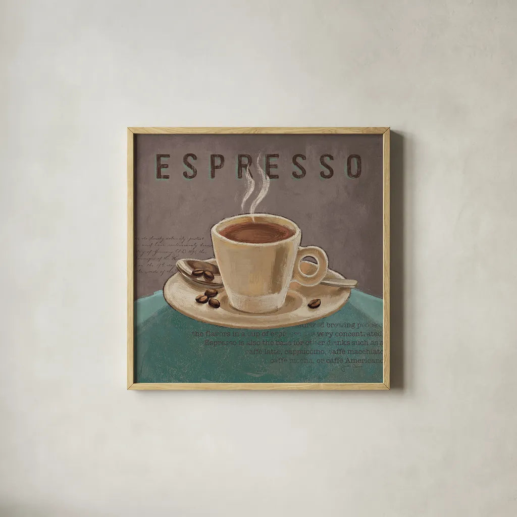 Coffee and Co III Teal and Gray by Janelle Penner. Shown in a natural wood glass frame for a timeless modern aesthetic. Available as an archival giclee rolled canvas, fine art paper, or poster print. SKU 29220a.