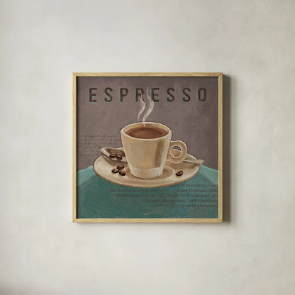 Coffee and Co III Teal and Gray by Janelle Penner. Shown in a natural wood glass frame for a timeless modern aesthetic. Available as an archival giclee rolled canvas, fine art paper, or poster print. SKU 29220a.