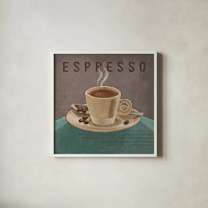 Coffee and Co III Teal and Gray by Janelle Penner. Shown in a crisp white glass frame for a clean and minimalist style. Available as an archival giclee rolled canvas, fine art paper, or poster print. SKU 29220a.