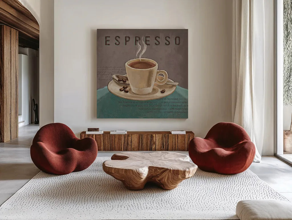 Coffee and Co III Teal and Gray by Janelle Penner. Shown as extra-large giant wall art in a modern living room. Available as an archival giclee rolled canvas, fine art paper, or poster print. SKU 29220a.