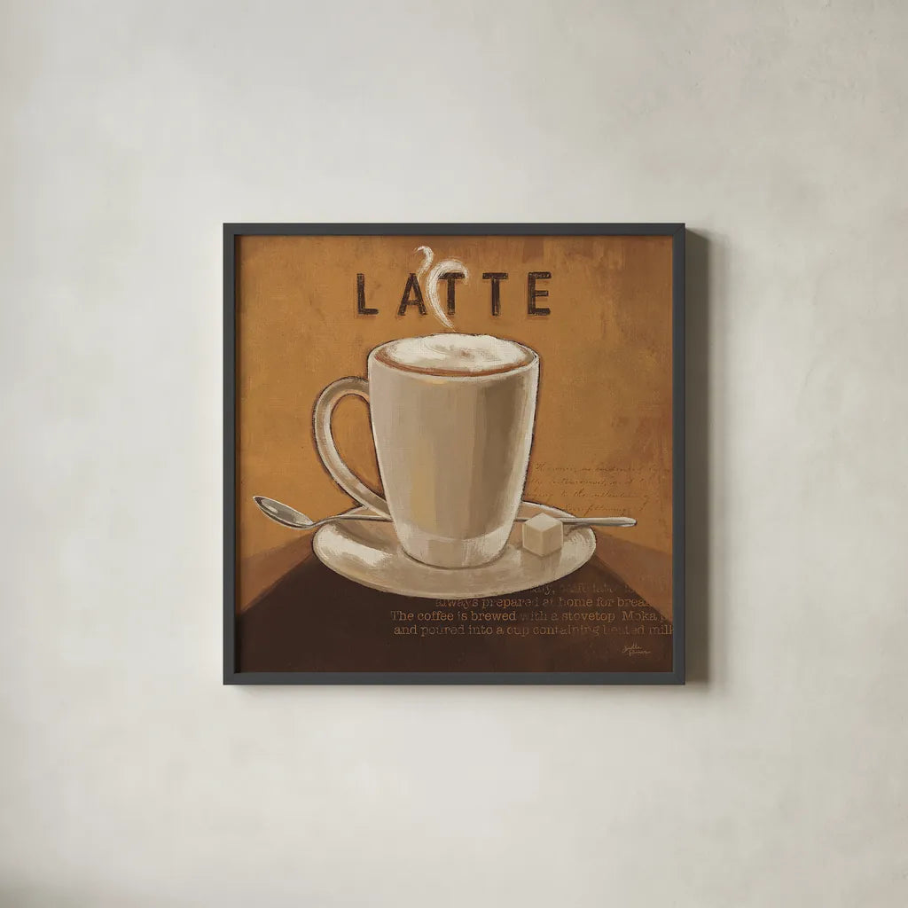 Coffee and Co IV by Janelle Penner. Shown in a sleek black glass frame for a contemporary gallery look. Available as an archival giclee rolled canvas, fine art paper, or poster print. SKU 27710a.