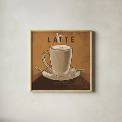 Coffee and Co IV by Janelle Penner. Shown in a natural wood glass frame for a timeless modern aesthetic. Available as an archival giclee rolled canvas, fine art paper, or poster print. SKU 27710a.