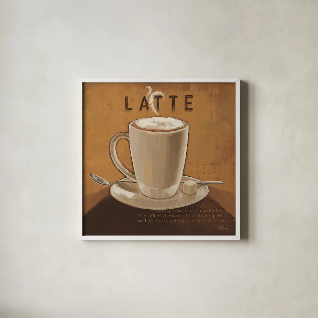 Coffee and Co IV by Janelle Penner. Shown in a crisp white glass frame for a clean and minimalist style. Available as an archival giclee rolled canvas, fine art paper, or poster print. SKU 27710a.