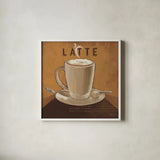 Coffee and Co IV by Janelle Penner. Shown in a crisp white glass frame for a clean and minimalist style. Available as an archival giclee rolled canvas, fine art paper, or poster print. SKU 27710a.