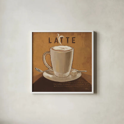 Coffee and Co IV by Janelle Penner. Shown in a crisp white glass frame for a clean and minimalist style. Available as an archival giclee rolled canvas, fine art paper, or poster print. SKU 27710a.