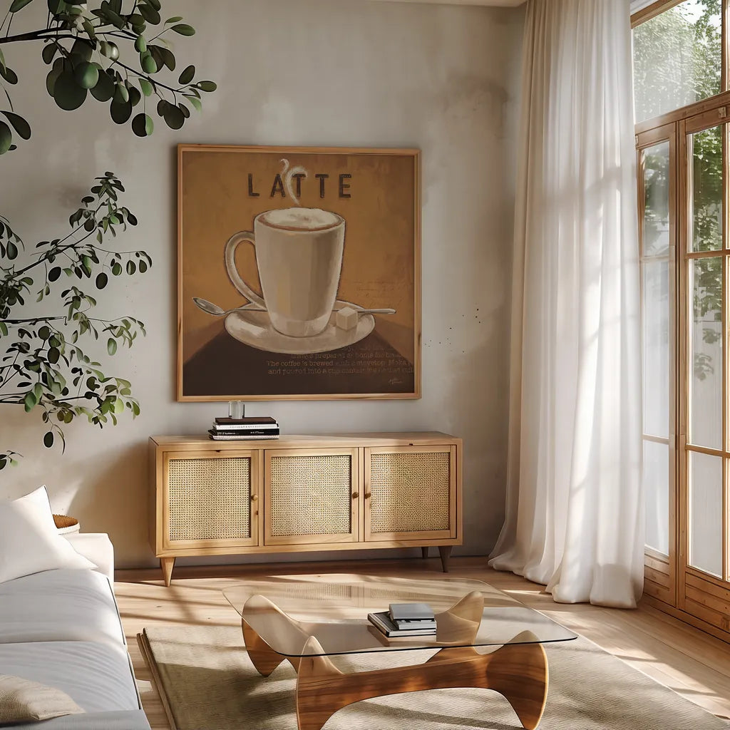 Coffee and Co IV by Janelle Penner. Shown in a natural wood frame in a cozy modern living room. Available as an archival giclee rolled canvas, fine art paper, or poster print. SKU 27710a.