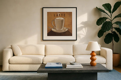 Coffee and Co IV by Janelle Penner. Displayed in a glass frame with matte in a clean modern living room. Available as an archival giclee rolled canvas, fine art paper, or poster print. SKU 27710a.