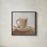 Coffee and Co IV Neutral by Janelle Penner. Shown in a sleek black glass frame for a contemporary gallery look. Available as an archival giclee rolled canvas, fine art paper, or poster print. SKU 83405a.