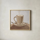 Coffee and Co IV Neutral by Janelle Penner. Shown in a natural wood glass frame for a timeless modern aesthetic. Available as an archival giclee rolled canvas, fine art paper, or poster print. SKU 83405a.