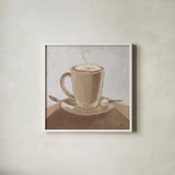 Coffee and Co IV Neutral by Janelle Penner. Shown in a crisp white glass frame for a clean and minimalist style. Available as an archival giclee rolled canvas, fine art paper, or poster print. SKU 83405a.
