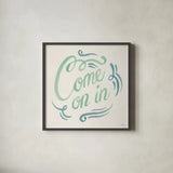 Come On In I by Janelle Penner. Shown in a sleek black glass frame for a contemporary gallery look. Available as an archival giclee rolled canvas, fine art paper, or poster print. SKU 63146a.