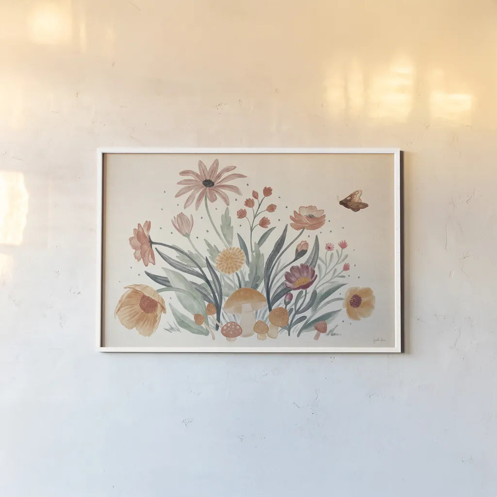 Cottage Botanical I by Janelle Penner. shown as a paper print in a white frame. Available as a archival giclee rolled canvas, fine art paper, or poster print. SKU 70298i.