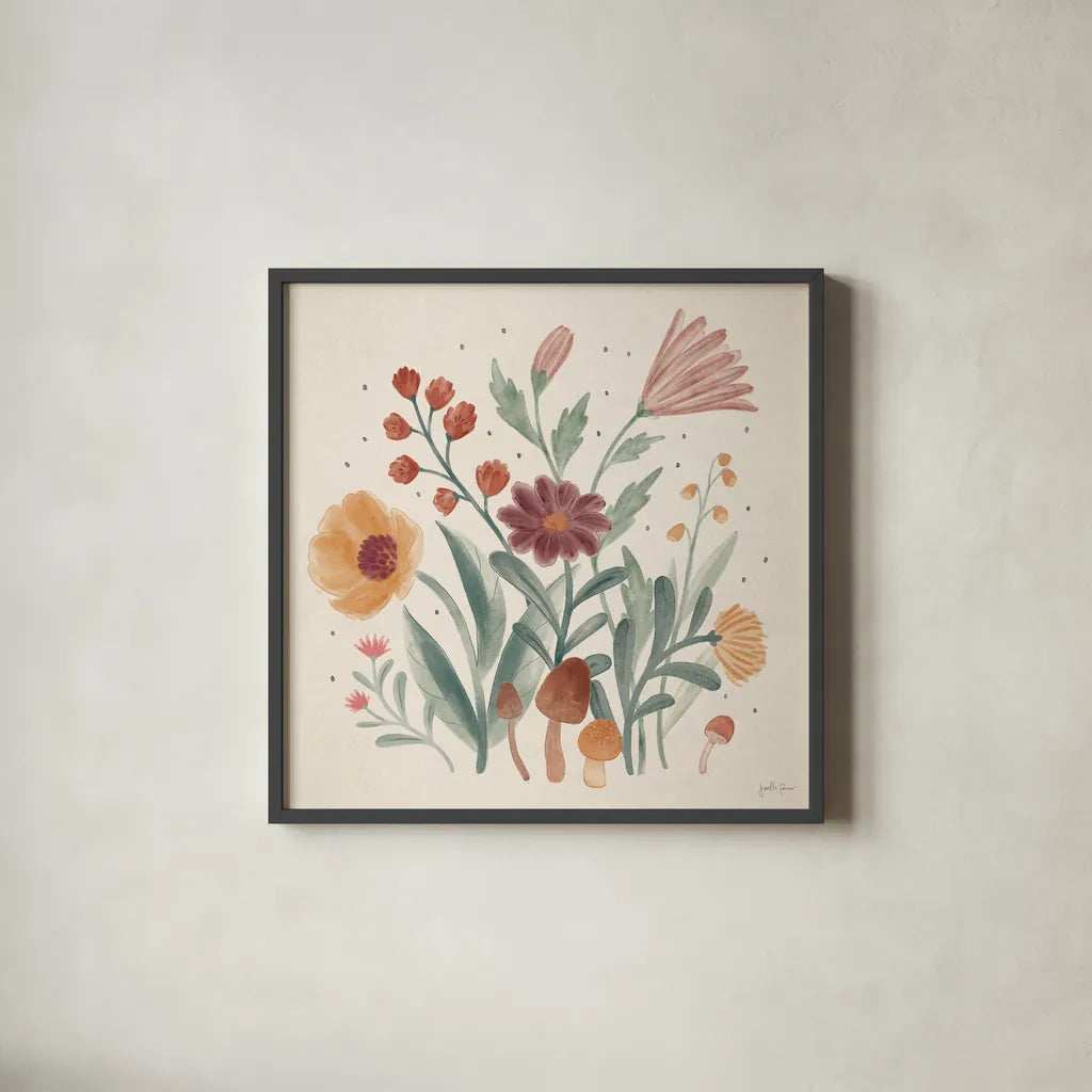Cottage Botanical II by Janelle Penner. Shown in a sleek black glass frame for a contemporary gallery look. Available as an archival giclee rolled canvas, fine art paper, or poster print. SKU 70299a.