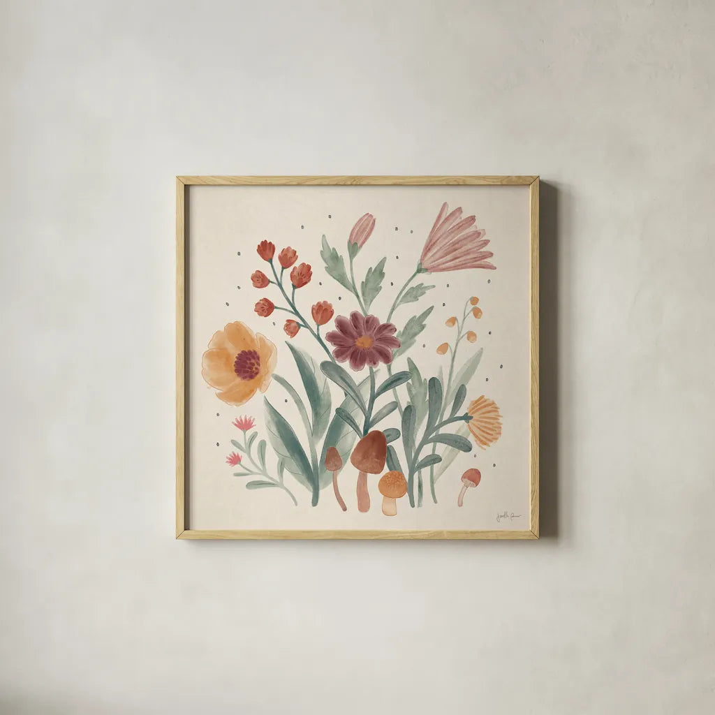 Cottage Botanical II by Janelle Penner. Shown in a natural wood glass frame for a timeless modern aesthetic. Available as an archival giclee rolled canvas, fine art paper, or poster print. SKU 70299a.