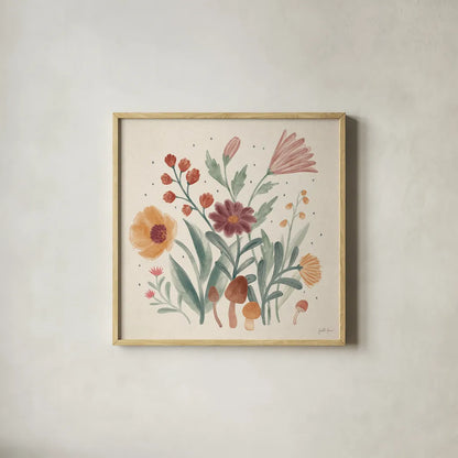 Cottage Botanical II by Janelle Penner. Shown in a natural wood glass frame for a timeless modern aesthetic. Available as an archival giclee rolled canvas, fine art paper, or poster print. SKU 70299a.
