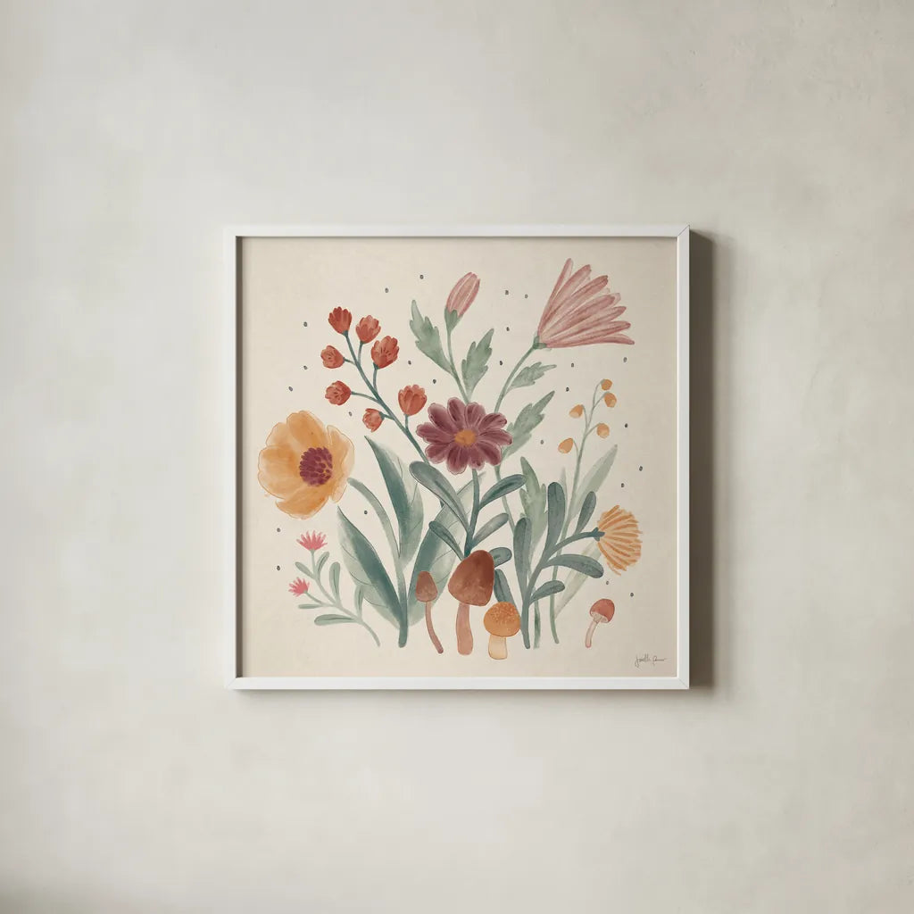 Cottage Botanical II by Janelle Penner. Shown in a crisp white glass frame for a clean and minimalist style. Available as an archival giclee rolled canvas, fine art paper, or poster print. SKU 70299a.