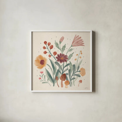 Cottage Botanical II by Janelle Penner. Shown in a crisp white glass frame for a clean and minimalist style. Available as an archival giclee rolled canvas, fine art paper, or poster print. SKU 70299a.