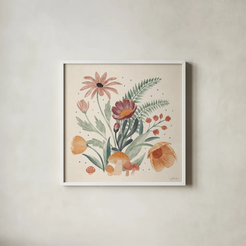 Cottage Botanical III by Janelle Penner. Shown in a crisp white glass frame for a clean and minimalist style. Available as an archival giclee rolled canvas, fine art paper, or poster print. SKU 70300a.
