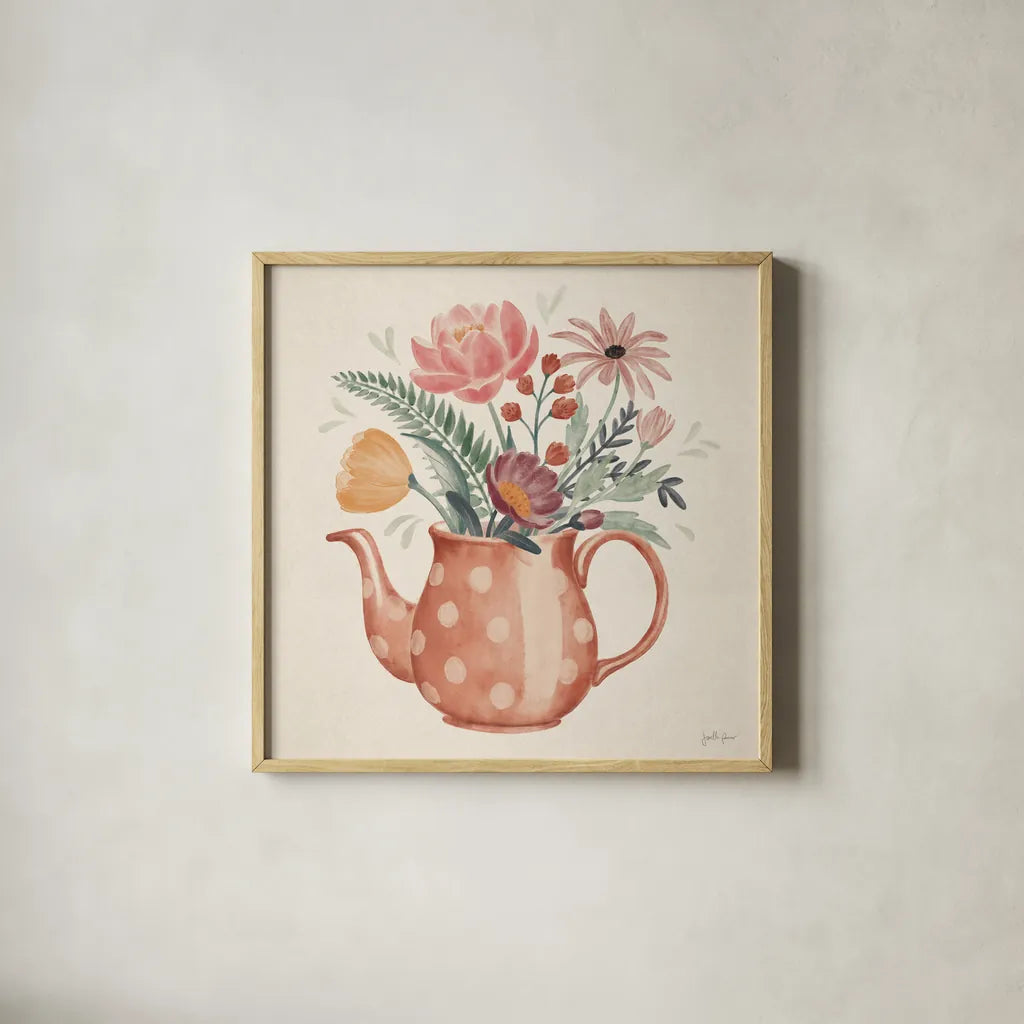 Cottage Botanical IX by Janelle Penner. Shown in a natural wood glass frame for a timeless modern aesthetic. Available as an archival giclee rolled canvas, fine art paper, or poster print. SKU 70306a.
