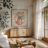 Cottage Botanical IX by Janelle Penner. Shown in a natural wood frame in a cozy modern living room. Available as an archival giclee rolled canvas, fine art paper, or poster print. SKU 70306a.