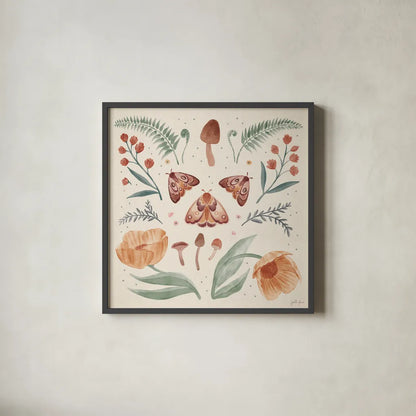 Cottage Botanical V by Janelle Penner. Shown in a sleek black glass frame for a contemporary gallery look. Available as an archival giclee rolled canvas, fine art paper, or poster print. SKU 70302a.