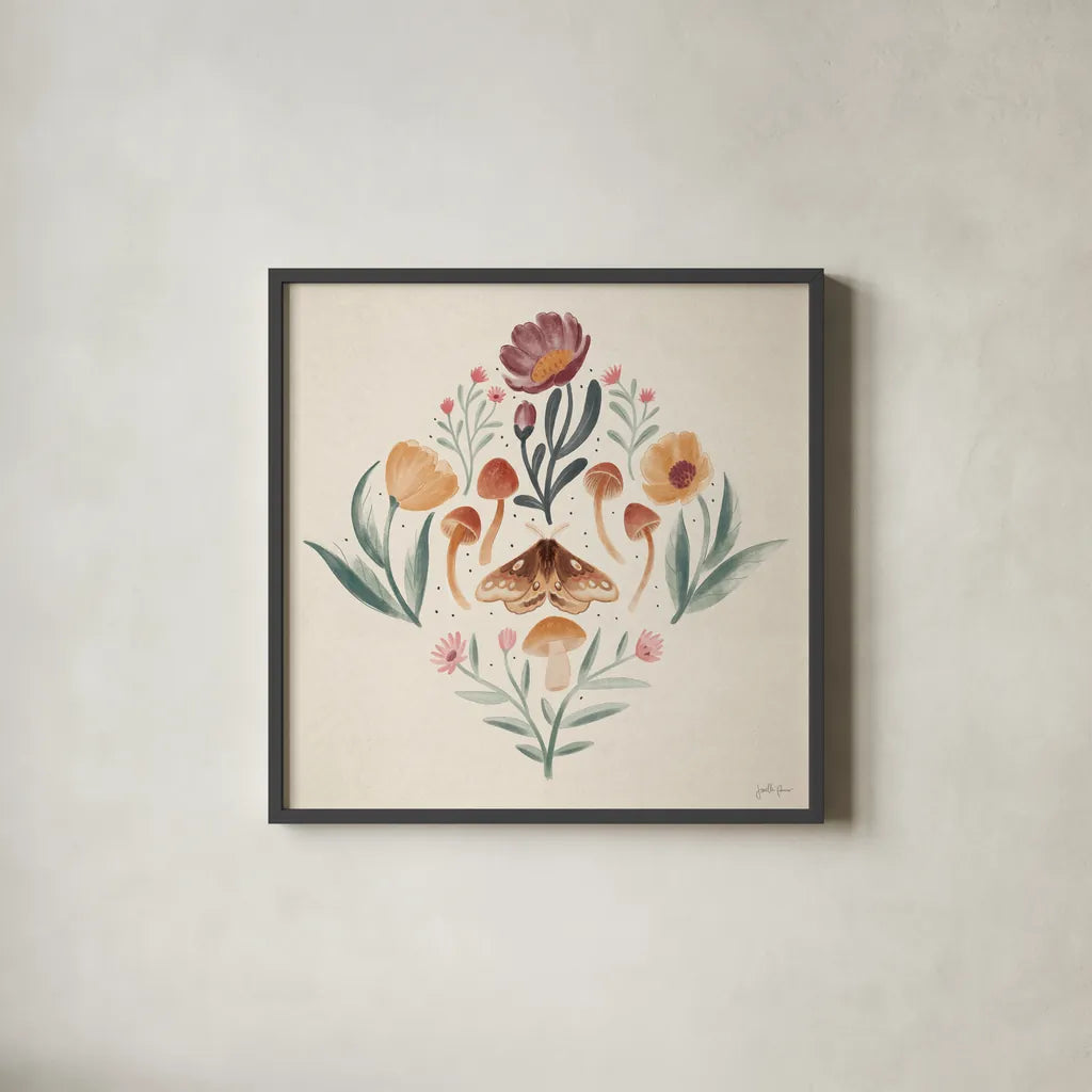 Cottage Botanical VII by Janelle Penner. Shown in a sleek black glass frame for a contemporary gallery look. Available as an archival giclee rolled canvas, fine art paper, or poster print. SKU 70304a.