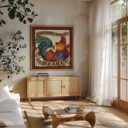 Country Heart I by Janelle Penner. Shown in a natural wood frame in a cozy modern living room. Available as an archival giclee rolled canvas, fine art paper, or poster print. SKU 21384a.