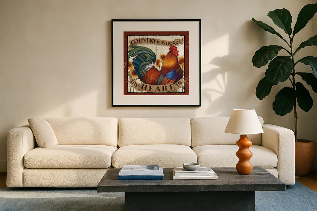 Country Heart I by Janelle Penner. Displayed in a glass frame with matte in a clean modern living room. Available as an archival giclee rolled canvas, fine art paper, or poster print. SKU 21384a.